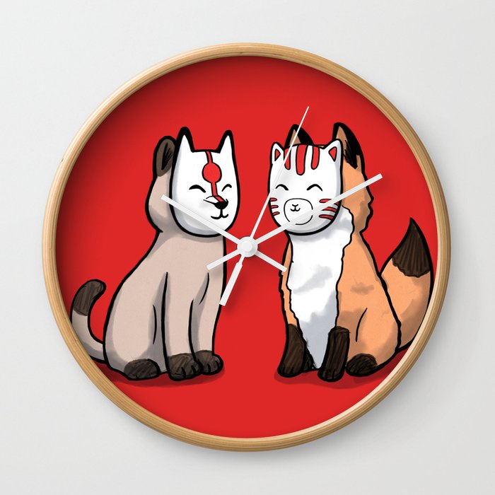 Cat and fox wearing japanese mask Wall Clock