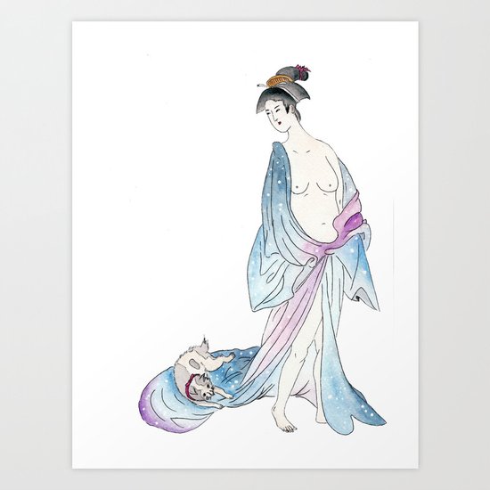 Woman in kimono and her cat Art Print
