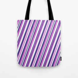 [ Thumbnail: Dark Slate Blue, Orchid, and Mint Cream Colored Pattern of Stripes Tote Bag ]