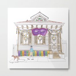 Mardi Gras Stroll Metal Print | Purple, Watercolor, Mask, Mardigras, Gold, Neworleans, Dogwalk, Green, Illustration, Doggie 