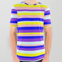 [ Thumbnail: Eyecatching Pink, Blue, Purple, Light Cyan & Yellow Colored Striped Pattern All Over Graphic Tee ]