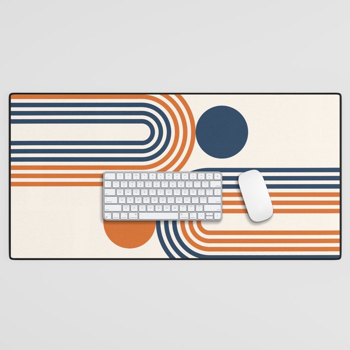 Mid Century Modern Geometric 450 in Navy Blue and Orange (Rainbow and Sun Abstraction) Desk Mat