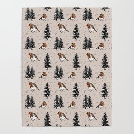 Winter Red Robins and Snow Covered Trees Pattern Digital Illustration Poster