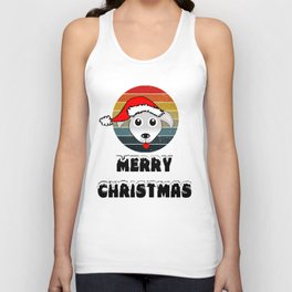 Funny Dog Face Grey Cartoon With Santa Claus Hat On Retro Sunset Circle Stripes Grunge Background Merry Christmas Snow Lettering. FUNNY ANIMALS COLLECTION, 1/12 Unisex Tank Top