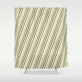 [ Thumbnail: Beige & Dark Olive Green Colored Striped/Lined Pattern Shower Curtain ]