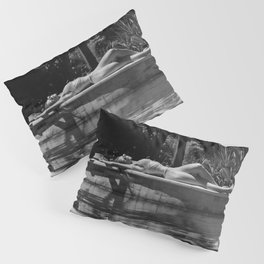 Sweet dreams; reclining female in bikini amid tropical landscape poolside black and white portrait photograph - photography - photographs Pillow Sham