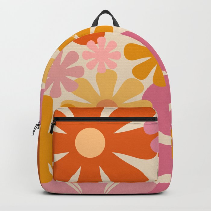 Retro 60s 70s Flowers Thulian Pink Orange Cream Pattern Backpack