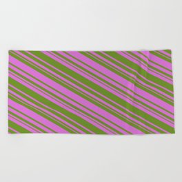 [ Thumbnail: Orchid & Green Colored Stripes/Lines Pattern Beach Towel ]