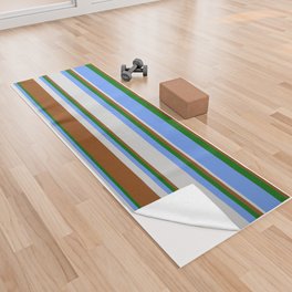 [ Thumbnail: Cornflower Blue, Light Grey, Brown & Dark Green Colored Pattern of Stripes Yoga Towel ]