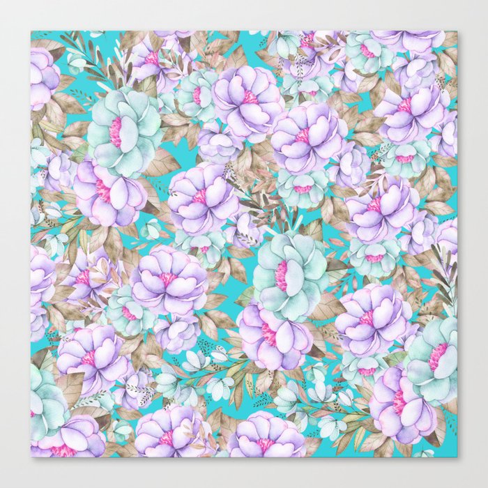 Modern aqua lavender teal watercolor hand painted floral Canvas Print