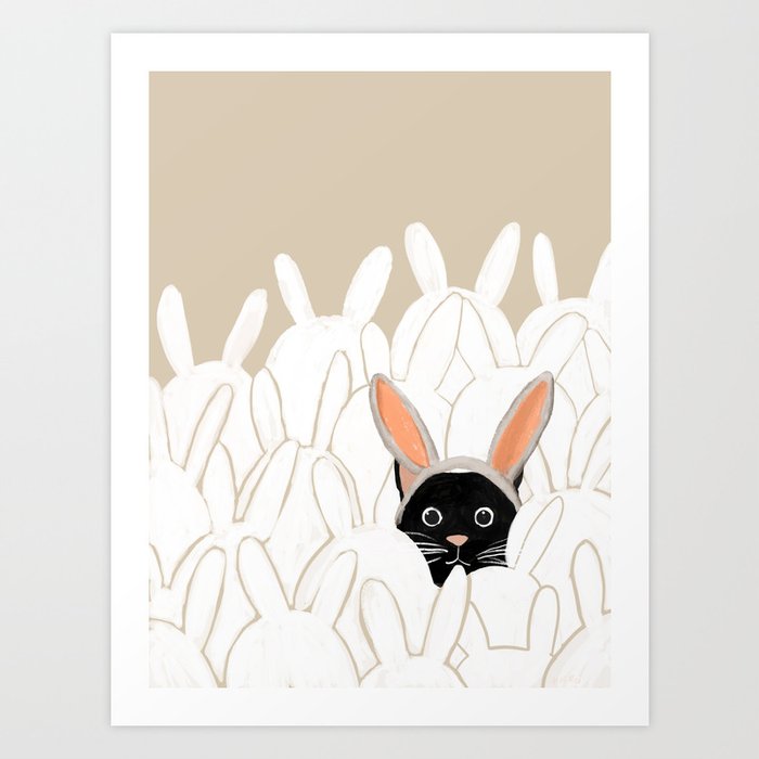 Black Cat with Easter Bunny Ears in A Sea of Bunnies Art Print
