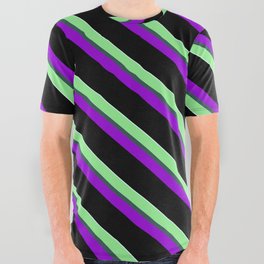 [ Thumbnail: Colorful Light Green, Dark Slate Gray, Dark Violet, Black, and Light Cyan Colored Stripes Pattern All Over Graphic Tee ]
