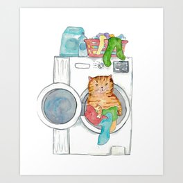 Cat doing laundry Painting Wall Poster Watercolor Art Print