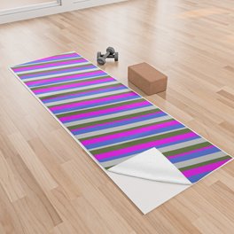 [ Thumbnail: Royal Blue, Light Grey, Dark Olive Green, and Fuchsia Colored Stripes Pattern Yoga Towel ]