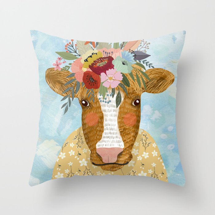 Cute cow with flowers on head, floral crown farm animal Throw Pillow