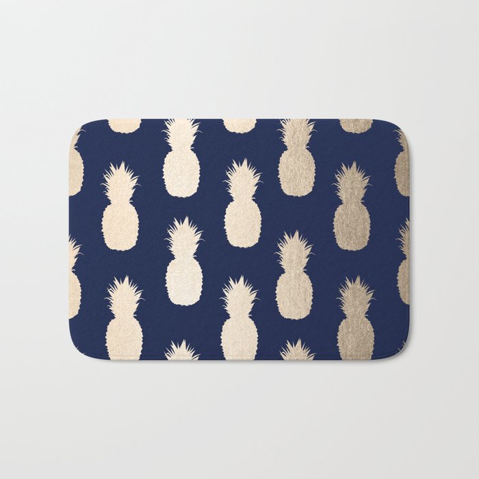 Gold Pineapple Pattern Navy Blue Bath Mat By Followmeinstead
