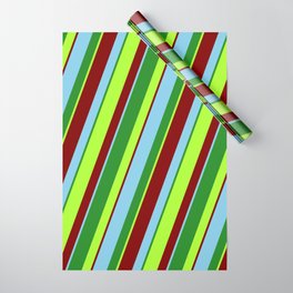 [ Thumbnail: Light Green, Maroon, Sky Blue, and Forest Green Colored Lines/Stripes Pattern Wrapping Paper ]