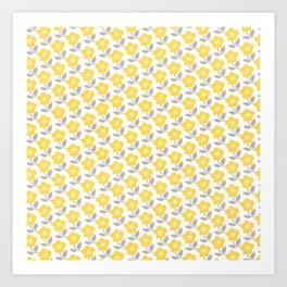 Yellow White Grey All Over Small Flower Floral Pattern Art Print