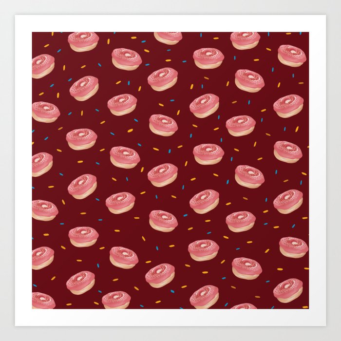 Cute Doughnut Print On Maroon Background Pattern Art Print