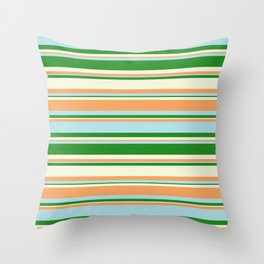 [ Thumbnail: Forest Green, Beige, Brown & Powder Blue Colored Striped Pattern Throw Pillow ]