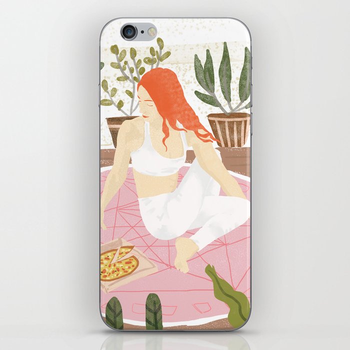 Yoga + Pizza, Red Head Woman Work Out Stay At Home, Ginger Plant Lady Home Decor Food Illustration iPhone Skin