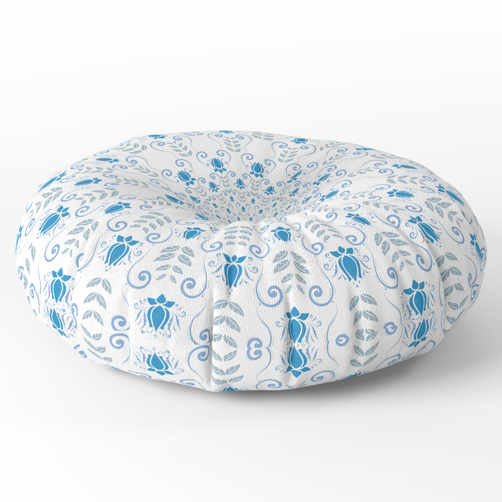 Blue Grey Spring Floral Mandala Round Floor Pillow - x 26