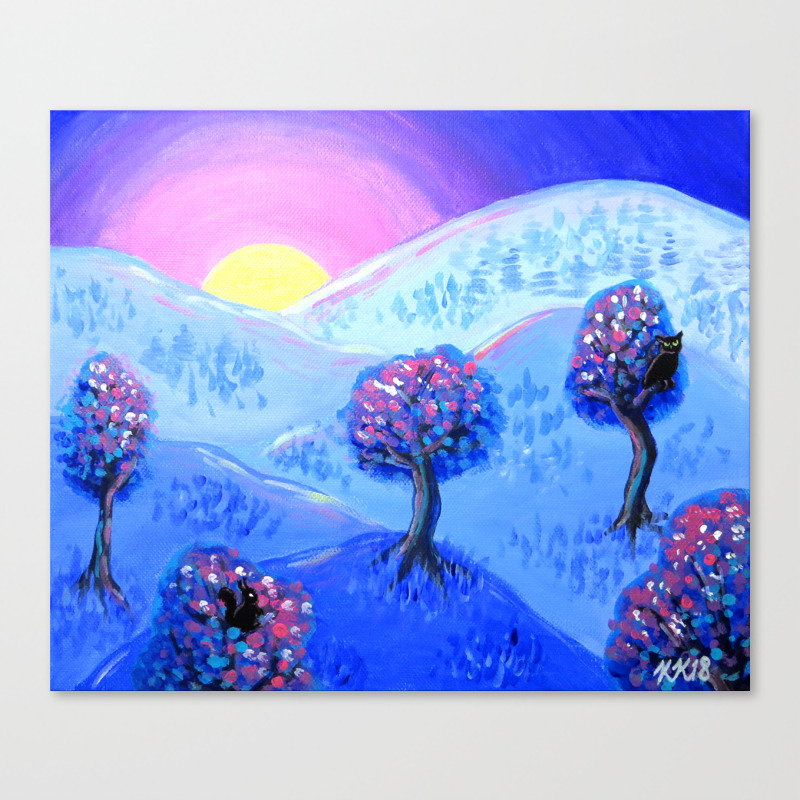 Blue Acrylic Mountain Sunset Landscape Painting Canvas Print By