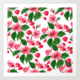 Pink Cherry Blossoms And Leaves Pattern On White Art Print