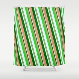[ Thumbnail: Dark Green, Dark Salmon, Lime Green, and Light Cyan Colored Striped/Lined Pattern Shower Curtain ]