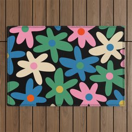 Daisy Time Colorful Retro Floral Pattern on Black Outdoor Rug