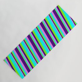[ Thumbnail: Chartreuse, Aqua, Violet, and Indigo Colored Striped/Lined Pattern Yoga Mat ]