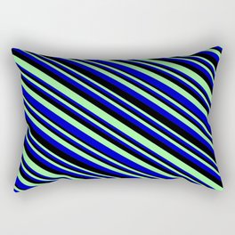 [ Thumbnail: Green, Blue & Black Colored Striped/Lined Pattern Rectangular Pillow ]