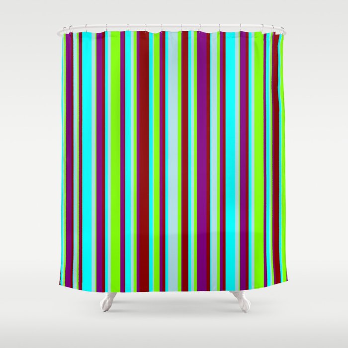 Cyan, Powder Blue, Chartreuse, Purple & Dark Red Colored Lines/Stripes Pattern Shower Curtain