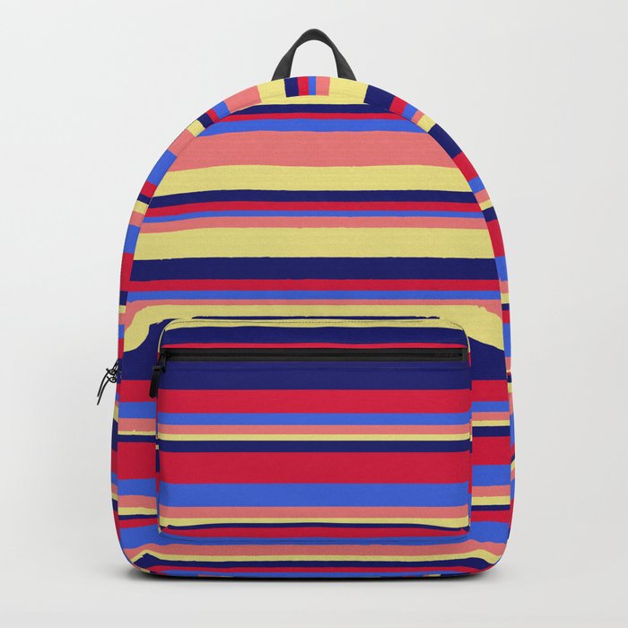 Eye-catching Crimson, Royal Blue, Light Coral, Tan, and Midnight Blue Colored Striped/Lined Pattern Backpack