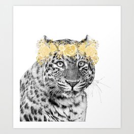 Leopard With Gold Flower Crown Art Print | Leopard, Wilderness, Cougar, Wild, Rose, Leopardflowers, Digitalart, Panther, Funny, Crown 