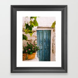 Greek Holiday Scene - Blue Door with Pink Flowers - Still Live Travel Photography, Colorful Fine Art Framed Art Print