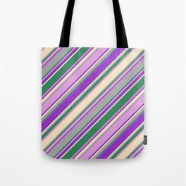 [ Thumbnail: Colorful Dark Orchid, Bisque, Dark Gray, Sea Green & Plum Colored Lines Pattern Tote Bag ]