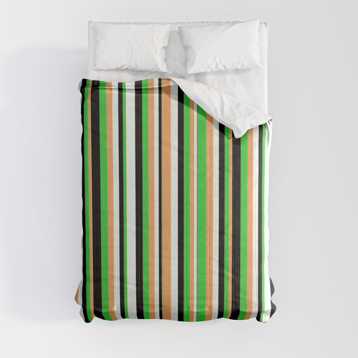 Brown, Lime Green, Black & Mint Cream Colored Stripes Pattern Comforter