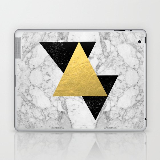 Marble Tri Black & Gold - gold foil, gold, marble, black and white, trendy, luxe, gold phone Laptop & iPad Skin