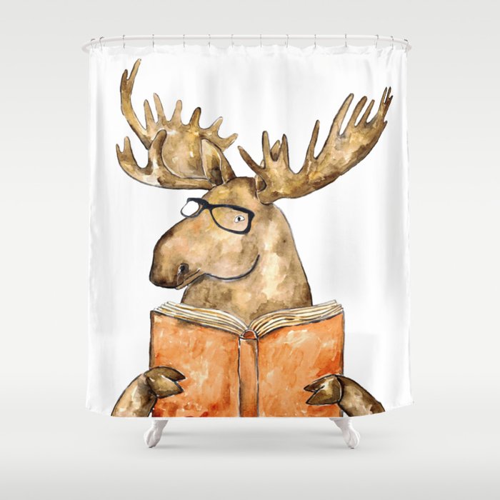 Moose reading book watercolor painting Shower Curtain