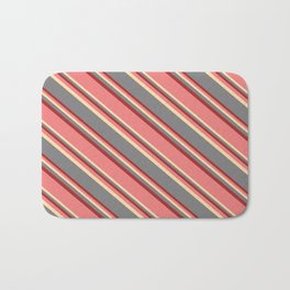 [ Thumbnail: Light Coral, Tan, Gray & Brown Colored Striped Pattern Bath Mat ]