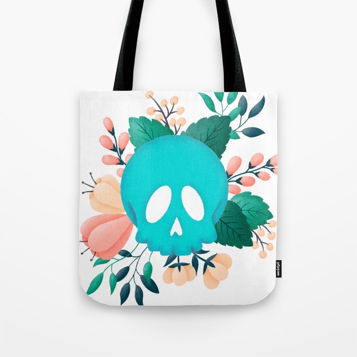Teal Skull with Floral Adornment Tote Bag
