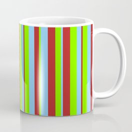 [ Thumbnail: Red, Light Sky Blue, and Chartreuse Colored Lined/Striped Pattern Coffee Mug ]