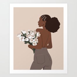 Black woman with white tulips Art Print