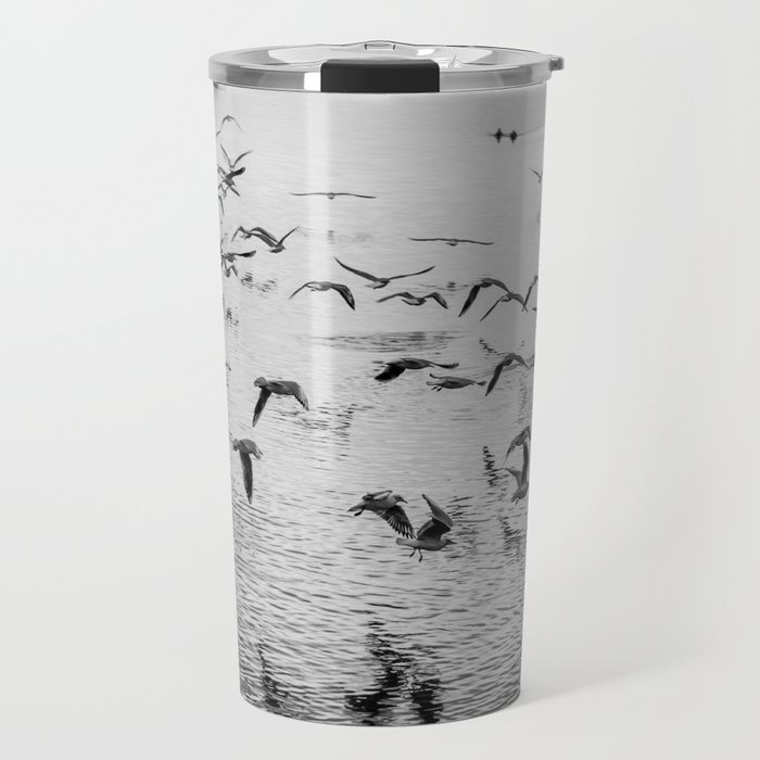 Seagulls in motion, black and white fine art image Travel Mug