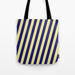 [ Thumbnail: Midnight Blue & Tan Colored Striped Pattern Tote Bag ]