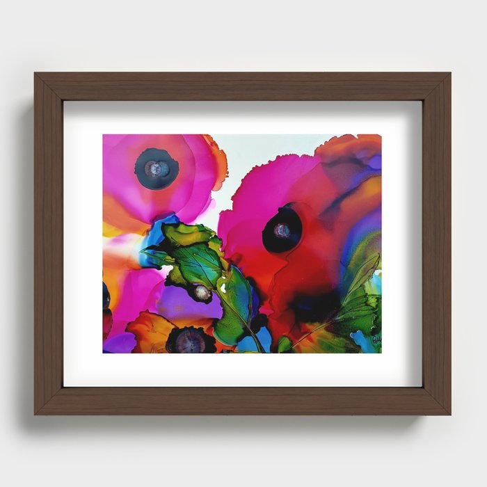 Two Hot Pink and Red Poppies in Alcohol Ink Recessed Framed Print