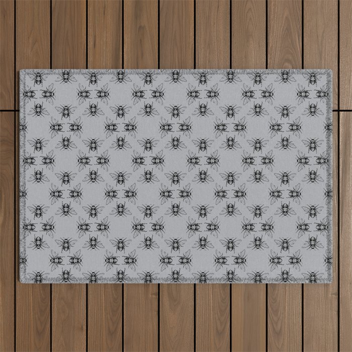 Nature Honey Bees Bumble Bee Pattern Black Gray Grey Outdoor Rug