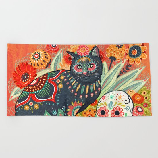 Dia De Los Muertos Cat Beach Towel