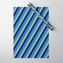 [ Thumbnail: Aquamarine and Blue Colored Lined Pattern Wrapping Paper ]